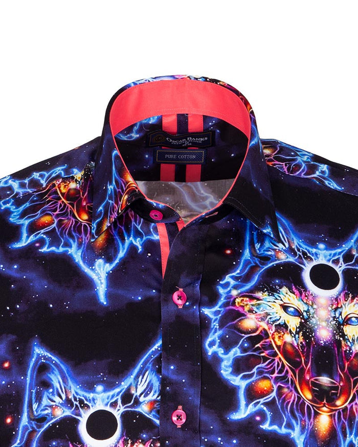 Space Wolf Print Men's Shirt with Matching Handkerchief-Makrom