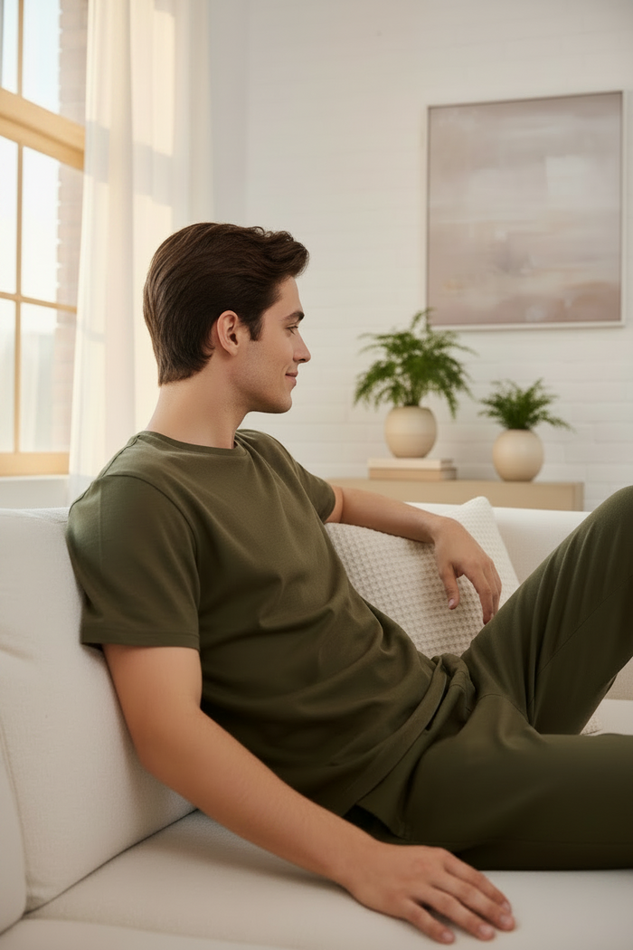 Standard-Fit Premium Crew-Neck T-Shirt in olive taupe, styled on model