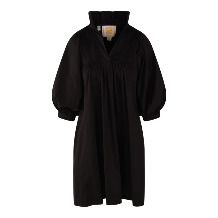 The Stella Midi is a knee-length black dress featuring an embossed cheetah pattern, three-quarter balloon sleeves, a ruffle stand collar, and a loose, gathered fit at the chest and waist, shown on a white background.