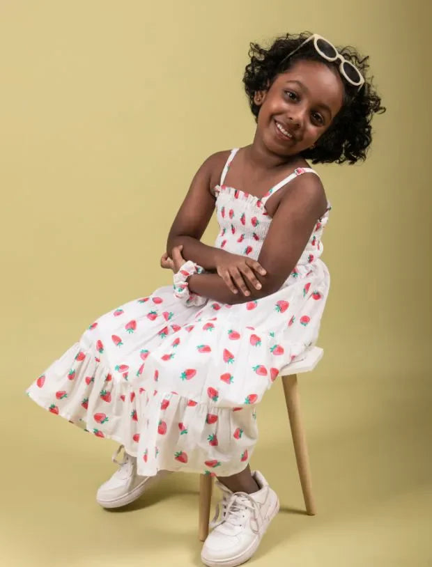 Strawberry Printed Summer Dress for Girls Kids with Matching Scrunchies (Red)-Tweeny Mini