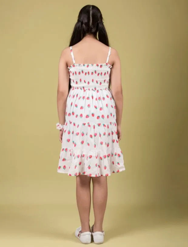 Strawberry Printed Summer Dress for Girls Kids with Matching Scrunchies (Red)-Tweeny Mini
