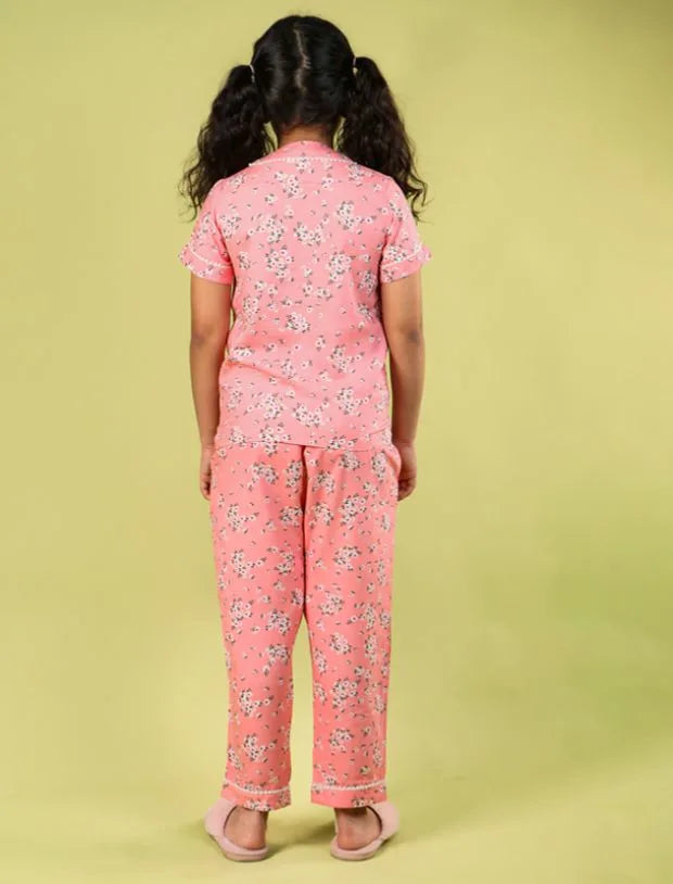 Summer Floral Girls Night Suit for Kids (Half Sleeve, Peach)