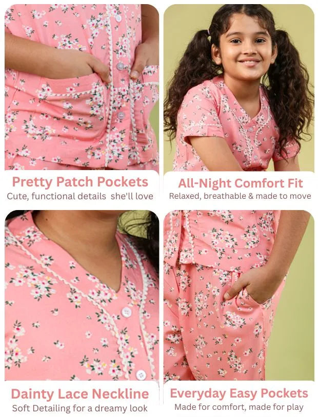 Summer Floral Girls Night Suit for Kids (Half Sleeve, Peach)