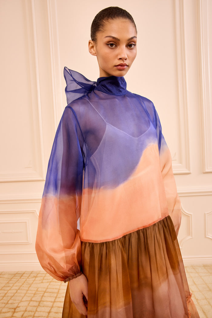 Moontide Silk Organza Gown - Close-Up High Neck Bow Detail, Sunset Print | Ulla Johnson