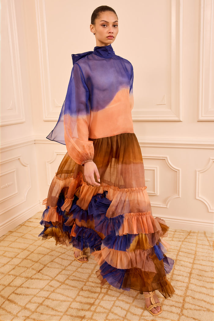 Moontide Luxury Silk Organza Gown - Front View, Tiered Ruffle Hem | Ulla Johnson