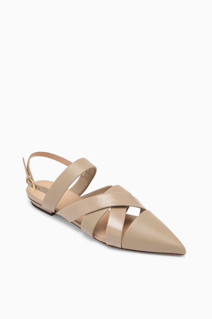 Mica Leather Designer Woven Flat, Crossover Straps & Gold Buckle - Angle View | Ulla Johnson