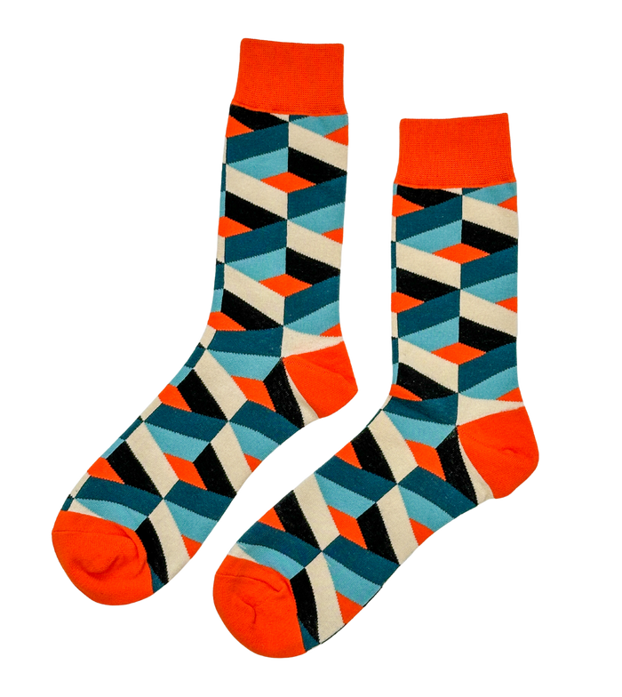 Tangerine Mosaic socks close-up showing vivid orange mosaic geometric knit construction