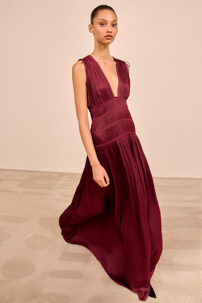Claret Plissé Satin Tasneem Deep V Gown - Front View | Ulla Johnson