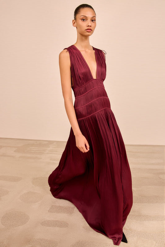 Claret Plissé Satin Tasneem Deep V Gown - Front View | Ulla Johnson
