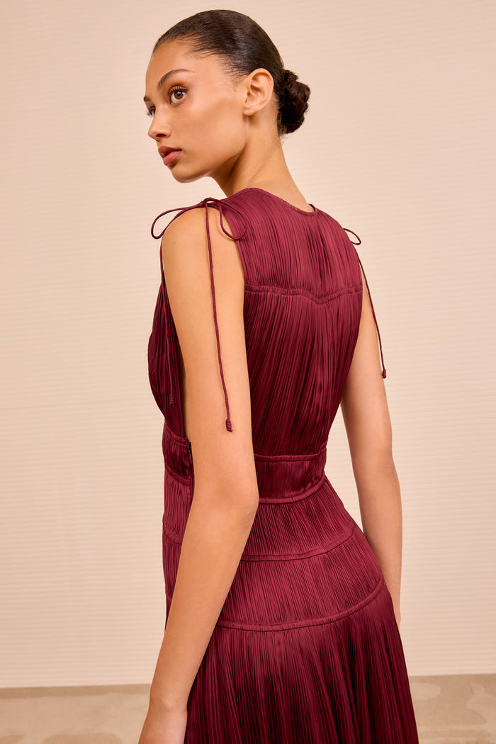 Claret Plissé Satin Gown Shoulder Ties - Back Detail | Ulla Johnson