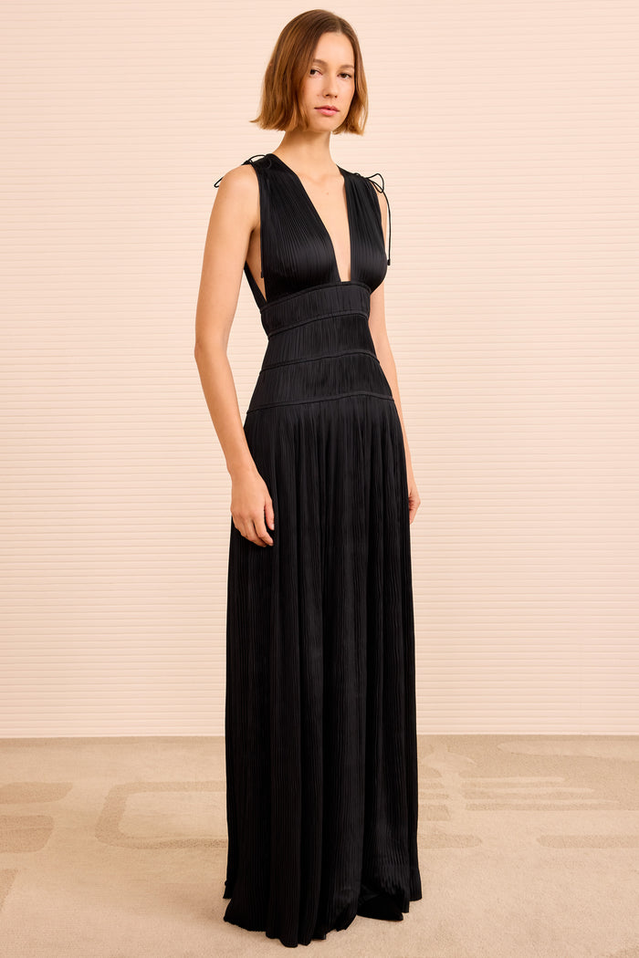 Luxury Black Plissé Satin Gown - Side Profile View | Ulla Johnson