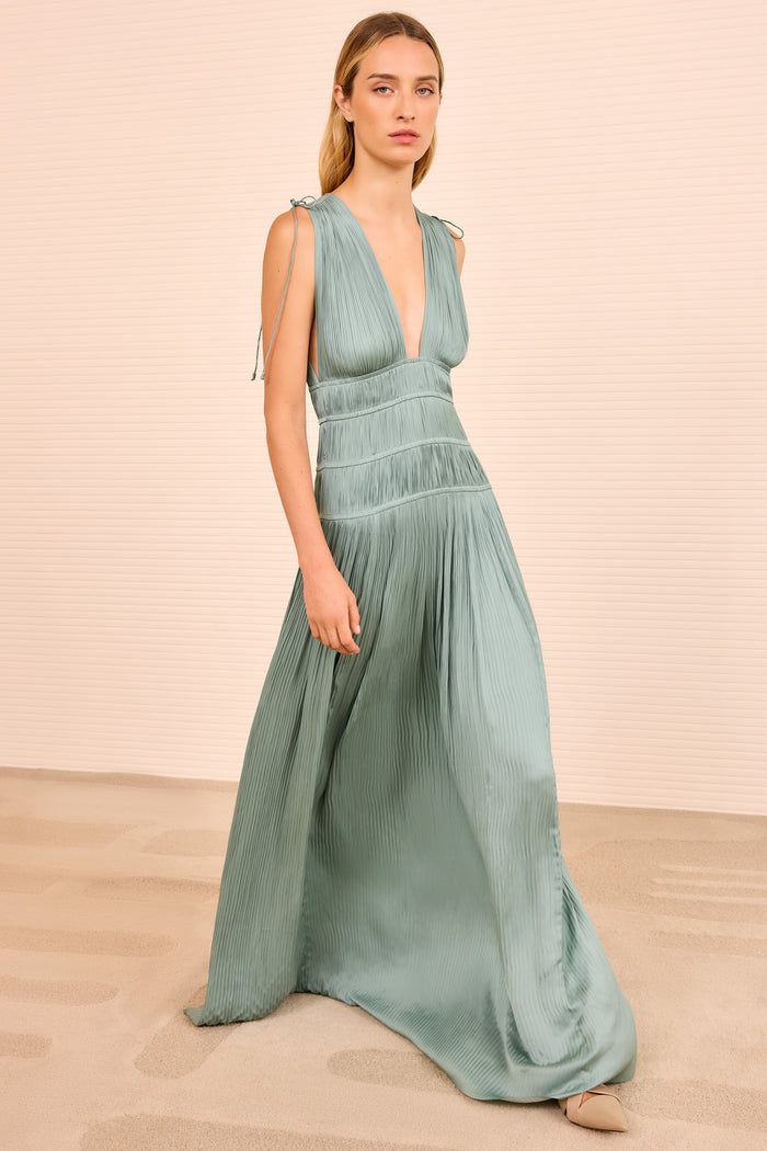 Sea Glass Plissé Satin Tasneem Deep V Gown - Front View | Ulla Johnson