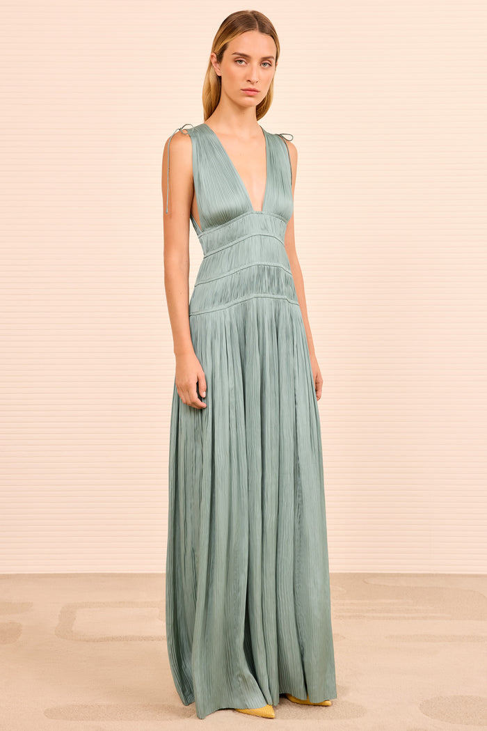Sea Glass Plissé Satin Tasneem Deep V Gown - Full Length Front | Ulla Johnson