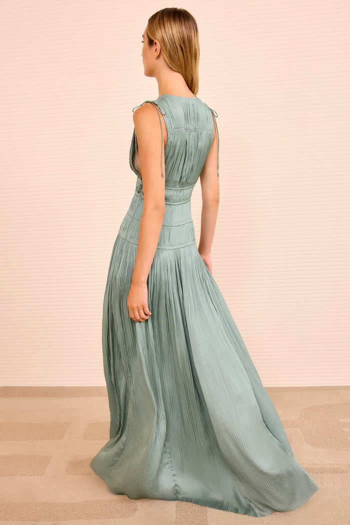 Sea Glass Plissé Satin Tasneem Deep V Gown - Back View | Ulla Johnson