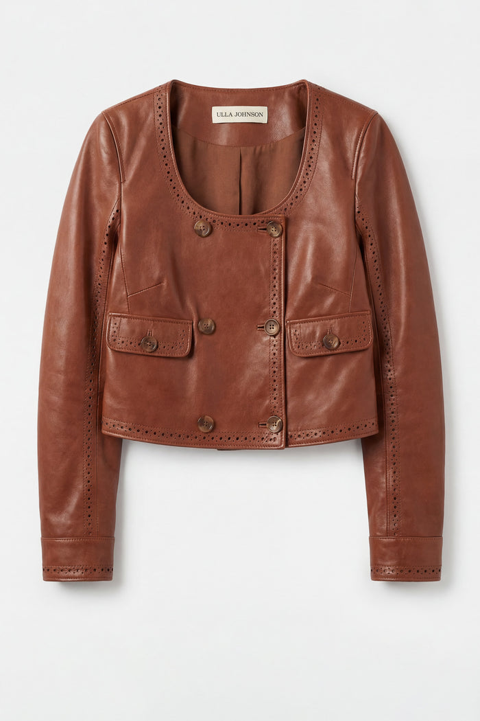 Wenge Lambskin Cropped Leather Jacket - Flat Lay with Perforated Detail | Ulla Johnson