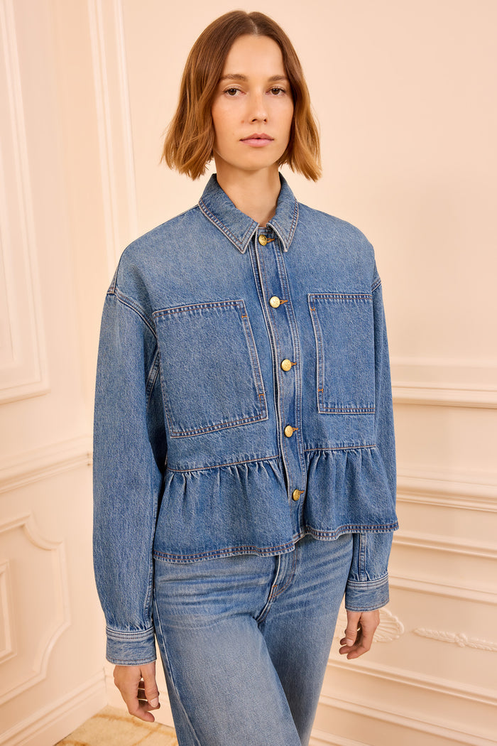 Danube Blue Denim Peplum Jacket - Front View On Model | Ulla Johnson