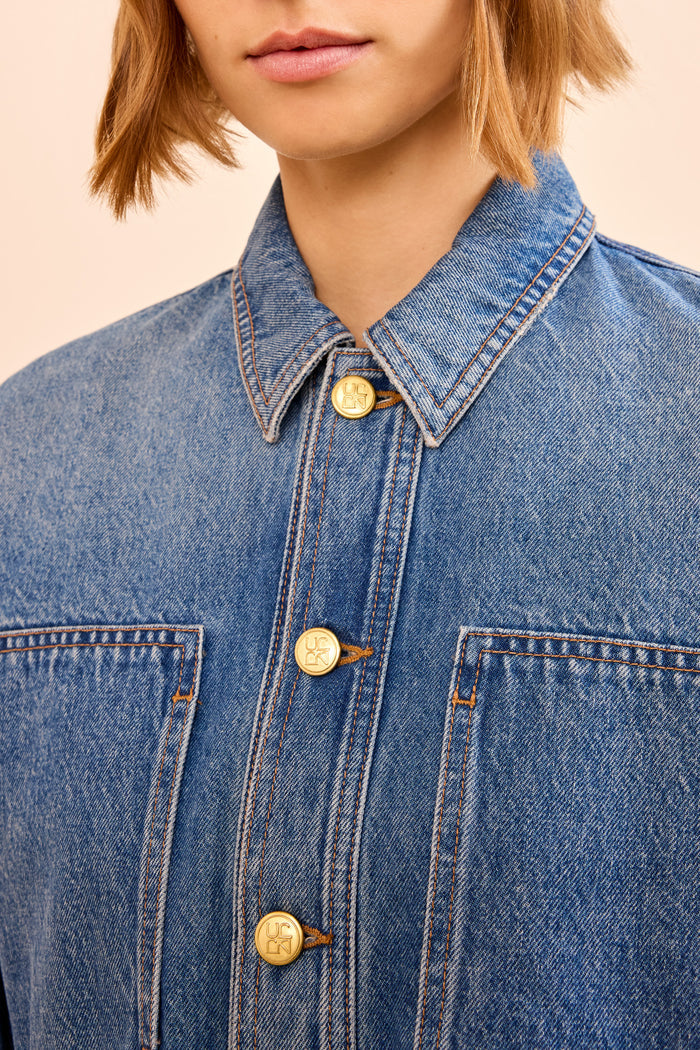 Danube Blue Denim Jacket - Gold Button Detail Close-Up | Ulla Johnson