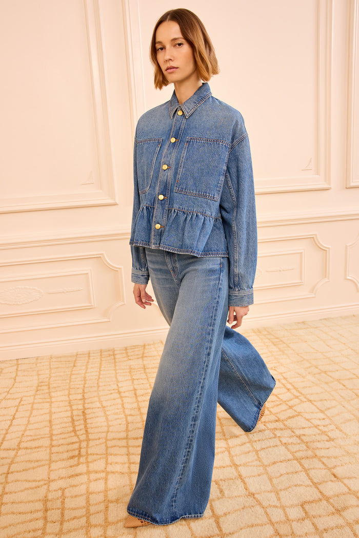 Danube Blue Denim Peplum Jacket - Side Profile On Model | Ulla Johnson