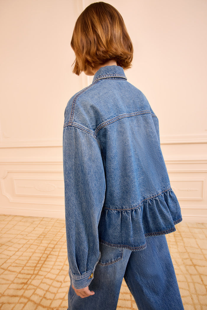 Danube Blue Denim Peplum Jacket - Back View Ruffle Detail | Ulla Johnson