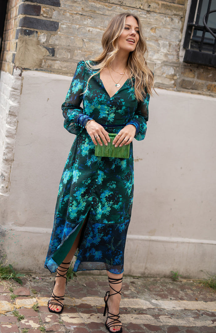 The Babette Contrast Print Button Front Midi Dress