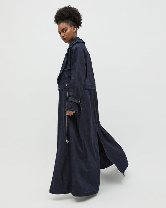 Sustainable Workwear Modular Denim Trench Coat with Buttons - Bastet Noir