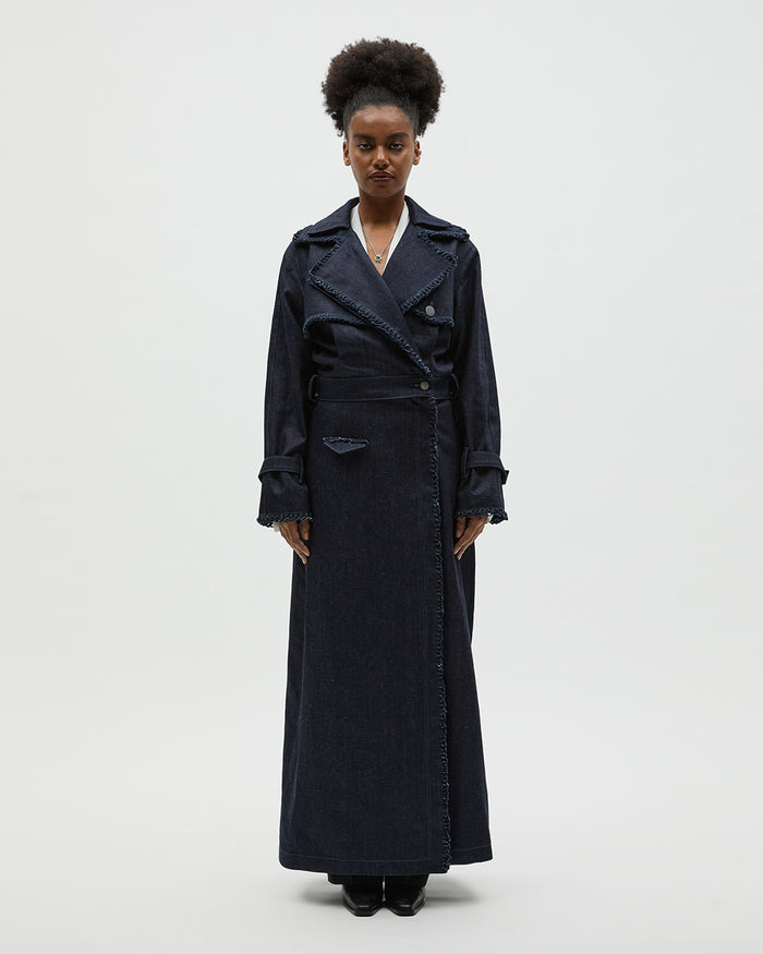 Sustainable Workwear Modular Denim Trench Coat with Buttons - Bastet Noir