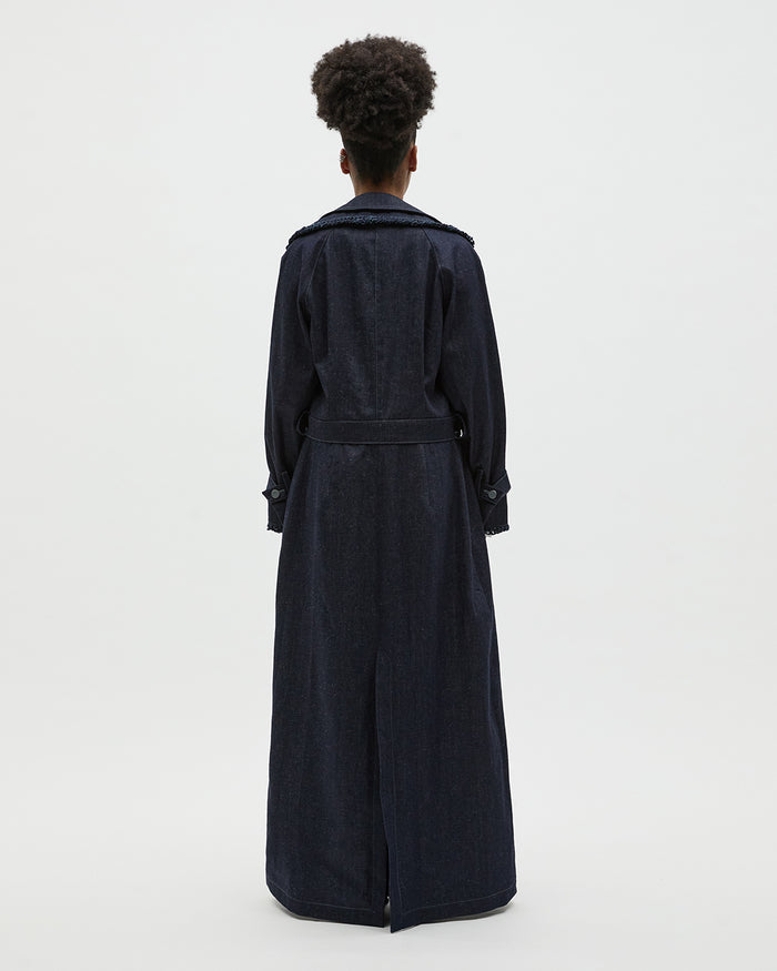 Sustainable Workwear Modular Denim Trench Coat with Buttons - Bastet Noir