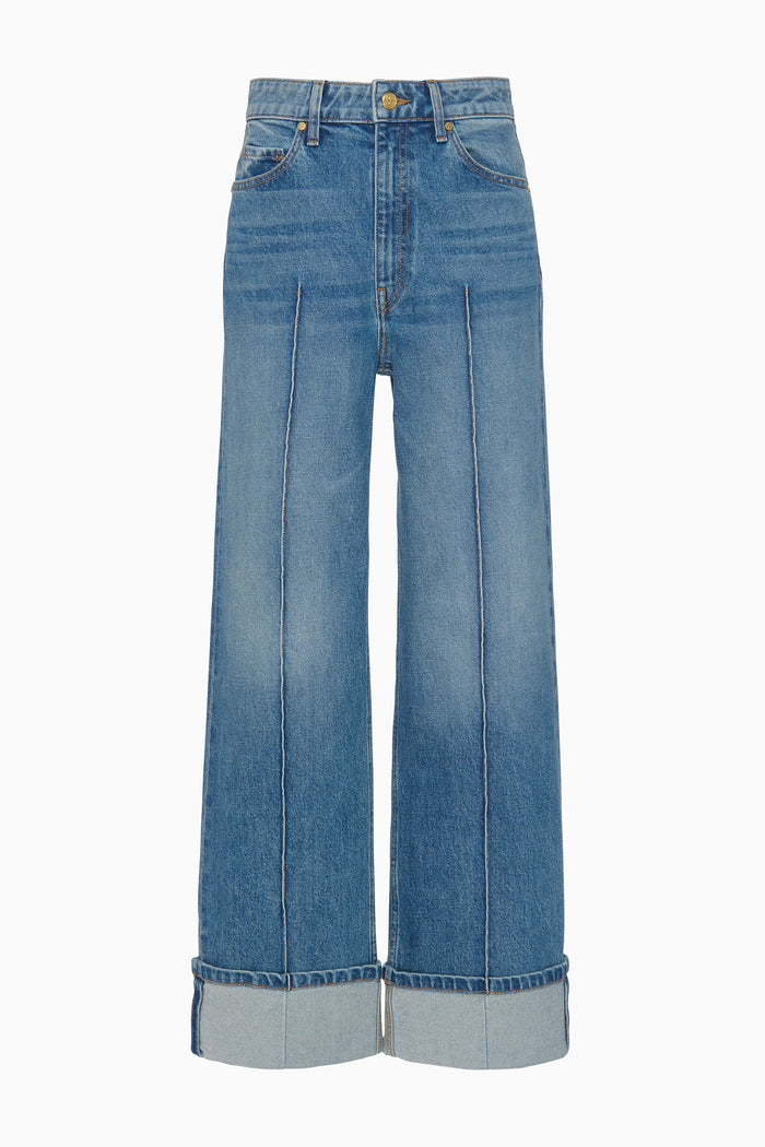Danube Blue Wide-Leg Stretch Denim Jeans with Pintuck Seams - Flat View | Ulla Johnson