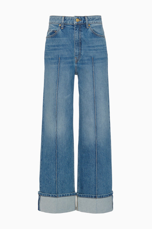 Danube Blue Wide-Leg Stretch Denim Jeans with Pintuck Seams - Flat View | Ulla Johnson