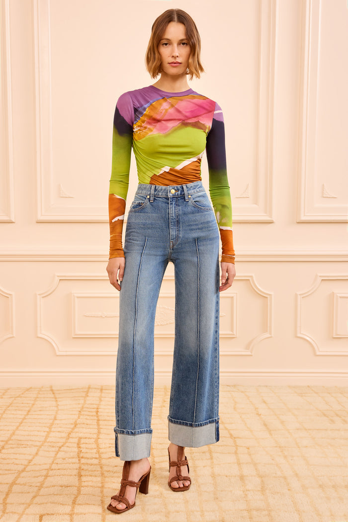 Genevieve Stretch Pintuck Jean in Danube Blue - Full Length On Model Front View | Ulla Johnson