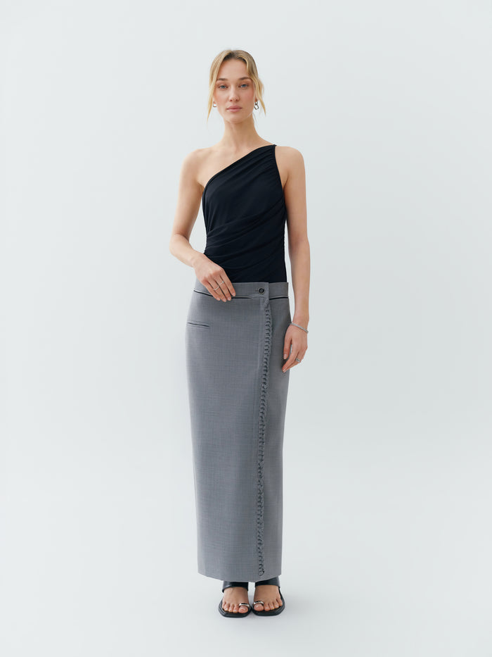 Sustainable Workwear Modular Dove Gray Maxi Skirt with Buttons and Zipper – Bastet Noir