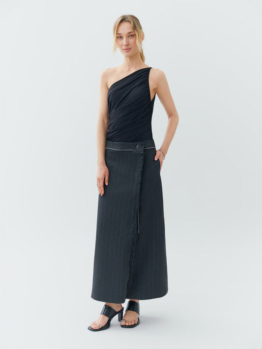 Sustainable Workwear Modular Pinstripe Gray Maxi Skirt with Buttons and Zipper – Bastet Noir