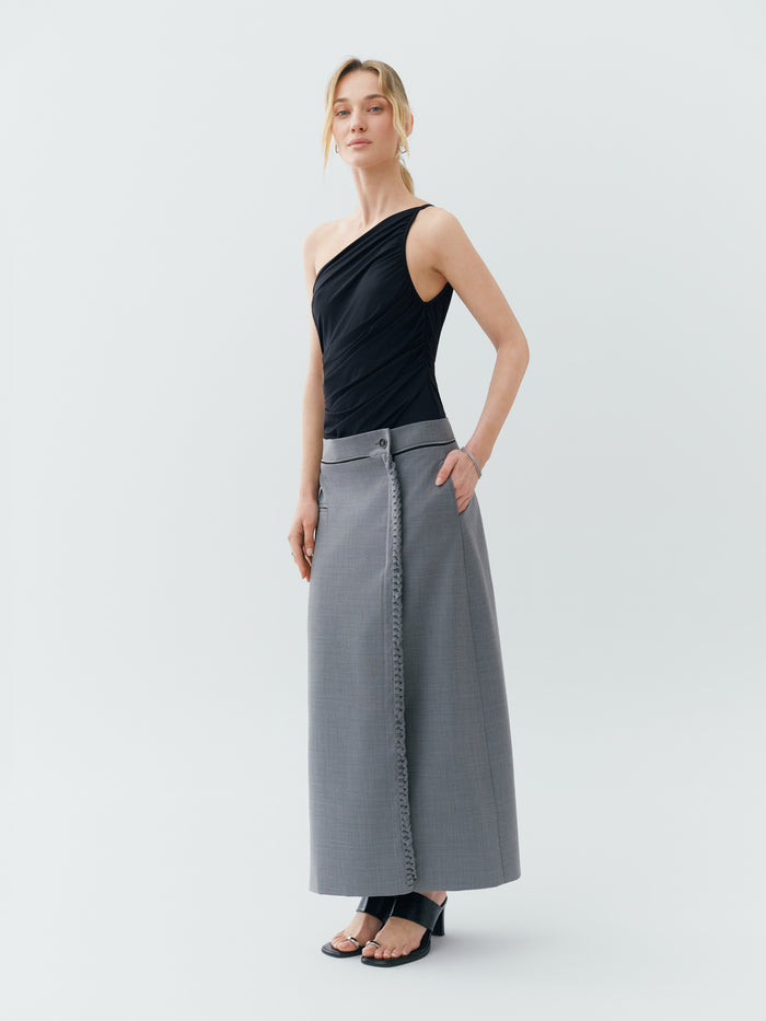 Sustainable Workwear Modular Dove Grey Maxi Skirt with Buttons and Zipper – Bastet Noir
