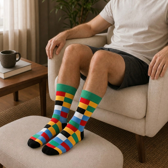 Urban Mosaic crew socks, colorful geometric mosaic pattern, from the Momentum Pack