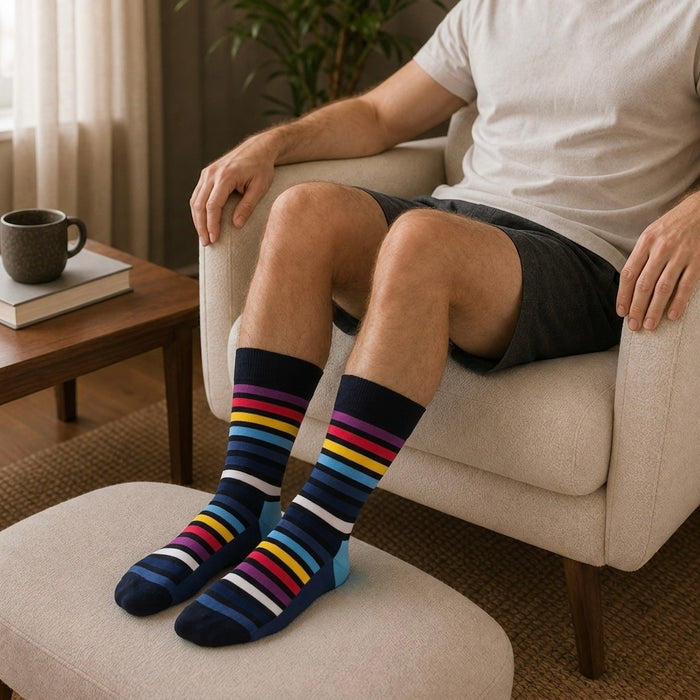 Pulse Stripe crew socks, red and navy colorblock pattern, from the Momentum Pack