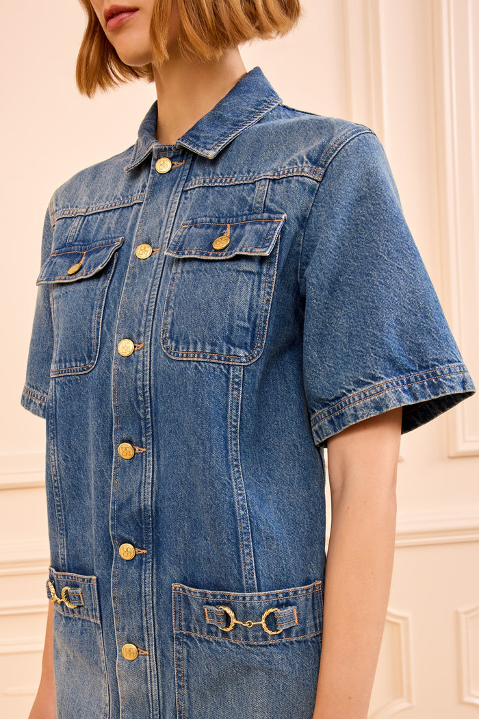 Designer Denim Mini Dress - Golden Hardware Detail Close-Up | Ulla Johnson