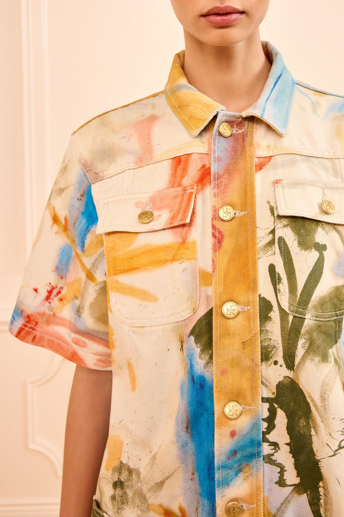 Painters Denim Mini Dress Western Dream, gold logo buttons & chest pockets - Close-Up Detail | Ulla Johnson