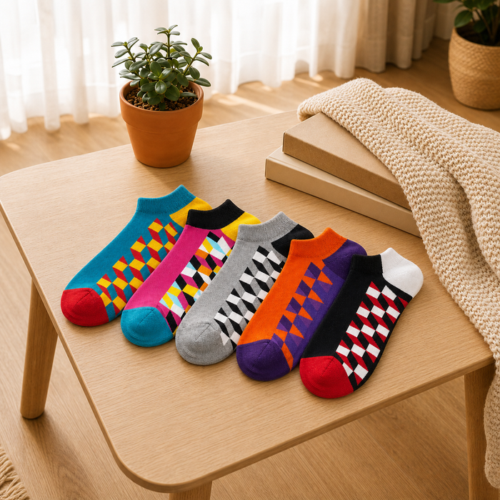 Remix Pack geo socks flat lay showing bold color remix pattern