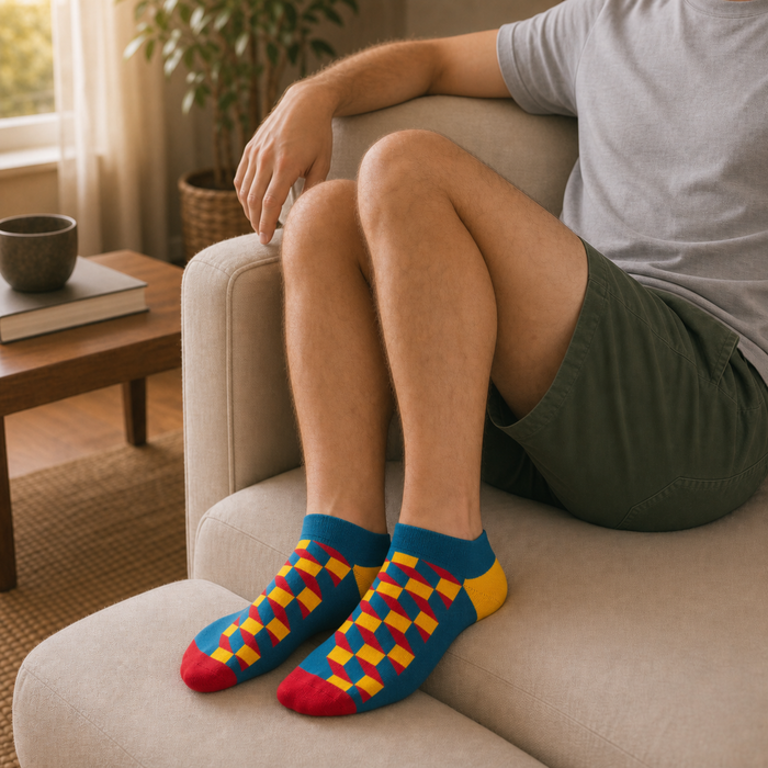 Remix Pack geo socks in teal and red, seated lifestyle shot