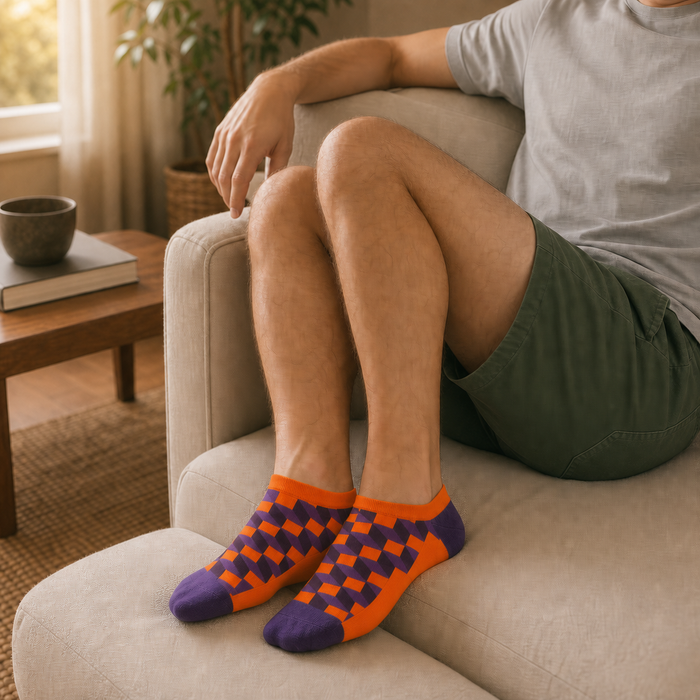 Remix Pack geo socks in orange and purple, low-cut lifestyle shot
