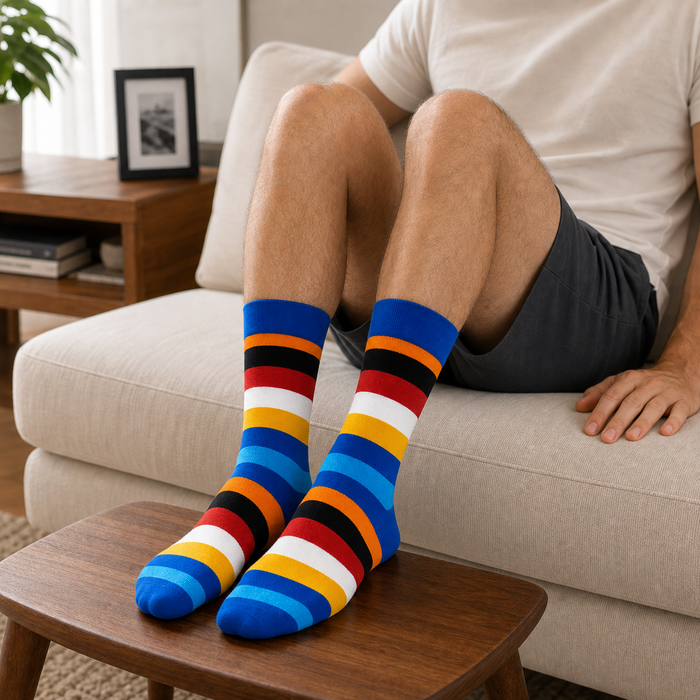 Signature Pack crew socks styled flat lay, five bestselling colorways