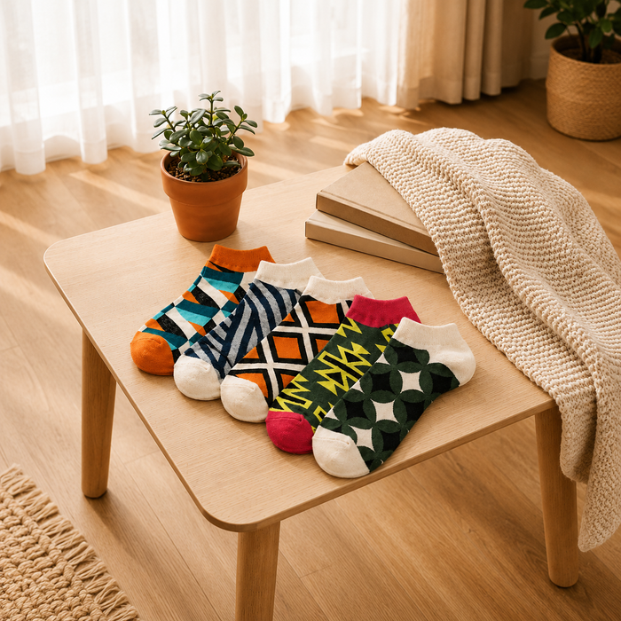 Man wearing ModSoles low-cut patterned socks in a warm modern living room.
