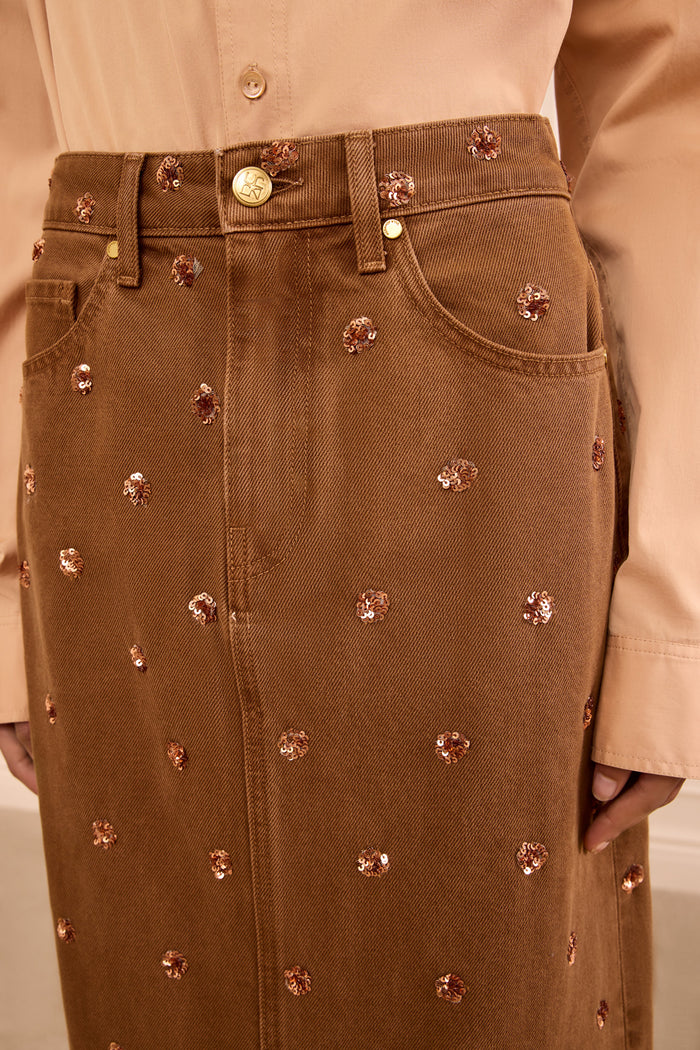 The Verona Embellished Denim Skirt - Embellished Umber