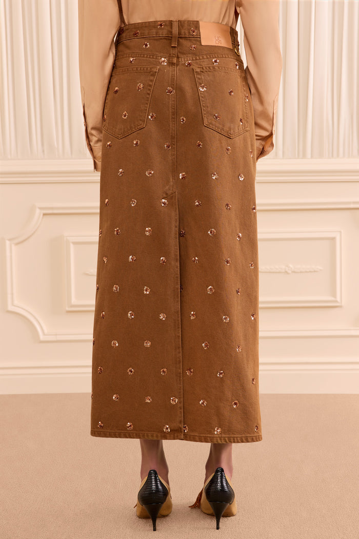 The Verona Embellished Denim Skirt - Embellished Umber