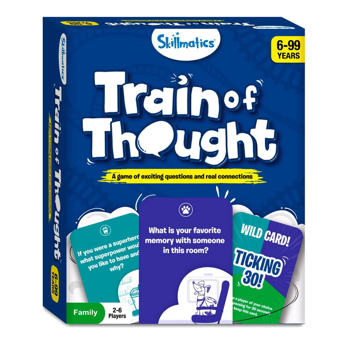 Box packaging of Train of Thought family game with question and challenge cards