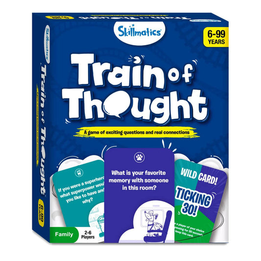 Box packaging of Train of Thought family game with question and challenge cards