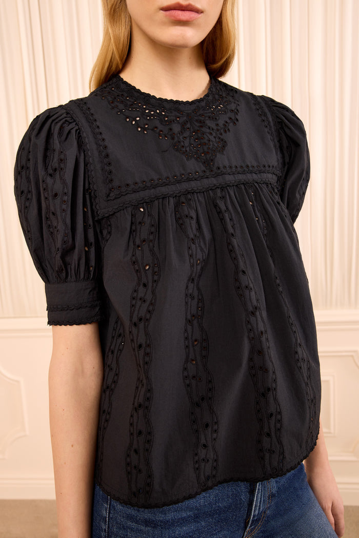 Una Short Sleeve Cotton Top - Noir