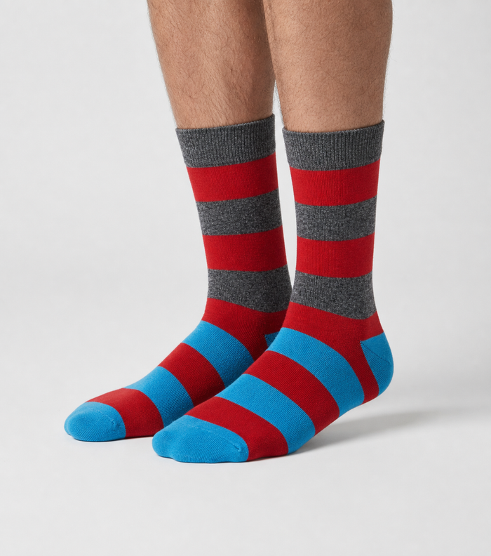 A pair of crew socks with a colorful geometric block pattern in green, blue, red, yellow, black, and white, worn on a person's feet against a light gray studio background.