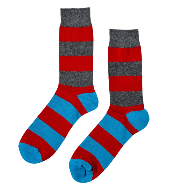 Urban Chic socks styled view showing red and navy stripe detail on full crew silhouette