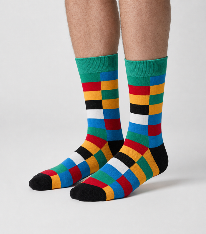 A pair of crew socks with a colorful geometric block pattern in green, blue, red, yellow, black, and white, worn on a person's feet against a light gray studio background.
